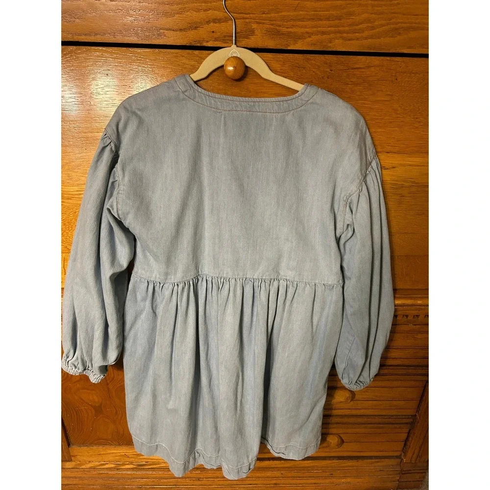 Anthropologie Cottagecore Babydoll‎ Light Wash Denim Mini Dress Puff Sleeve Boho - Picture 2 of 12